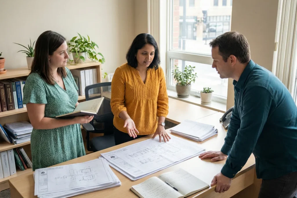 A mixed-gender development team in a bright office reviews printed plans together. They're discussing a custom website built to handle high traffic smoothly.