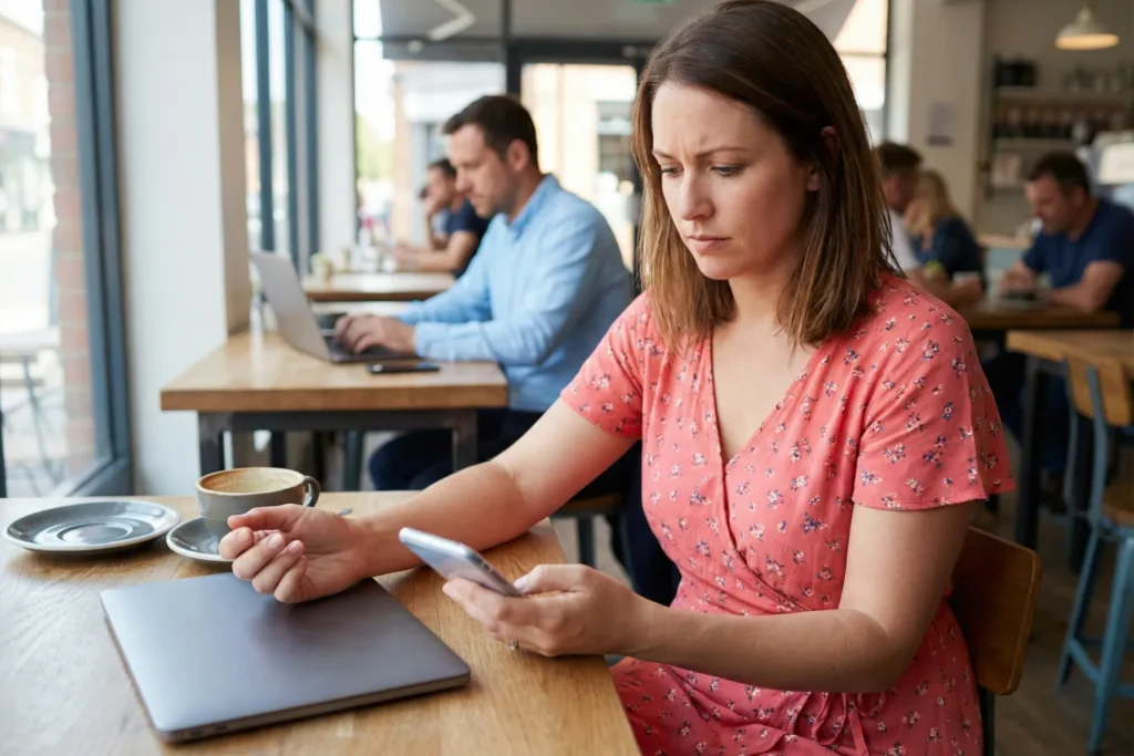 A woman in a coral patterned dress sits at a cafe table looking frustrated at her smartphone.