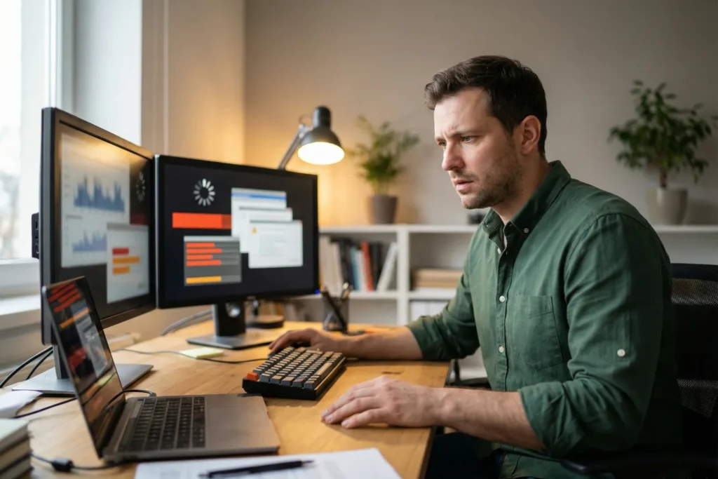 A man in a semi-casual green shirt closely monitors multiple screens in an office.