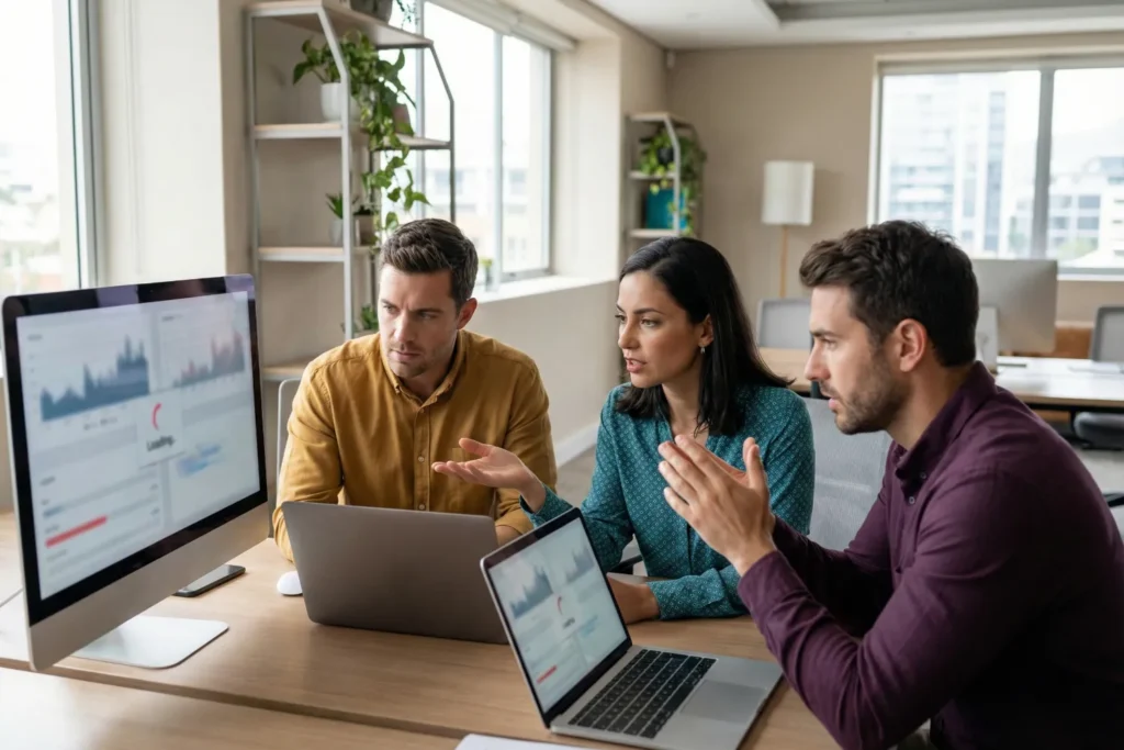 A mixed-gender team in a modern office closely reviewing template vs custom website performance on multiple screens. They're showing concern as increased traffic begins to strain the system.